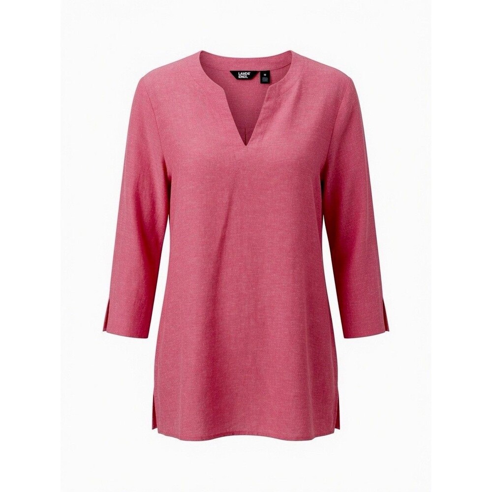 Lands' End Linen V-Neck Top Tunic 3/4 Sleeve Sz M Pink Nantucket Red Lagenlook
